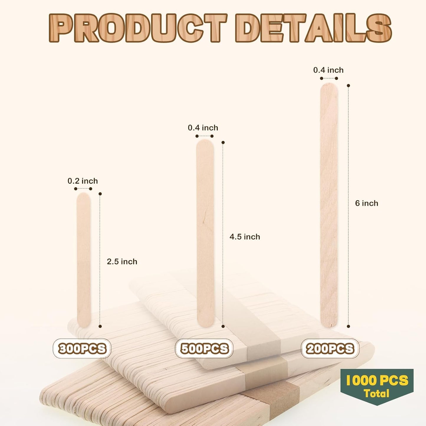 1000PCS Wooden Sticks for Craft, 3 Sizes (2.5",4.5",6") Natural Wood Popsicle Sticks for Ice Pops Waxing Hair Removal and Wax Supplies Classroom Art DIY Paint Craft Project Tongue Depressors