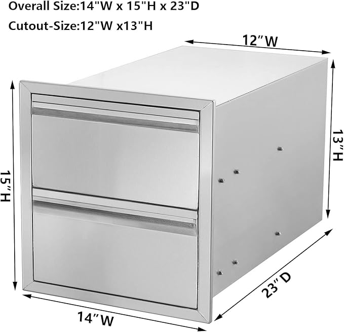 Outdoor Kitchen Drawers 14" W x 15" H x 23" D Flush Mount BBQ Drawers Double Layer Access Storage Drawers for Outdoor Kitchen Island, Patio Grill Station