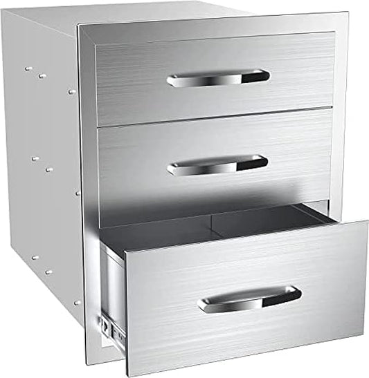 Stainless Steel Outdoor Kitchen Drawers - 3-Drawer BBQ Drawer, Built-in, Flush Mount - 14Wx23Dx21H