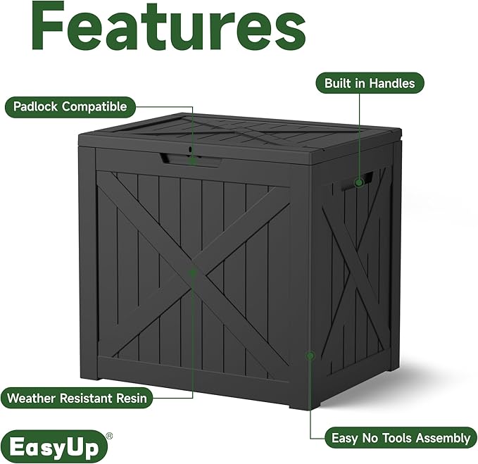 EasyUp 32 Gallon Outdoor Storage Box, Resin Waterproof UV-Resistant Deck Box, Reinforced Stability for Patio, Garden, and Poolside, X-Design Black
