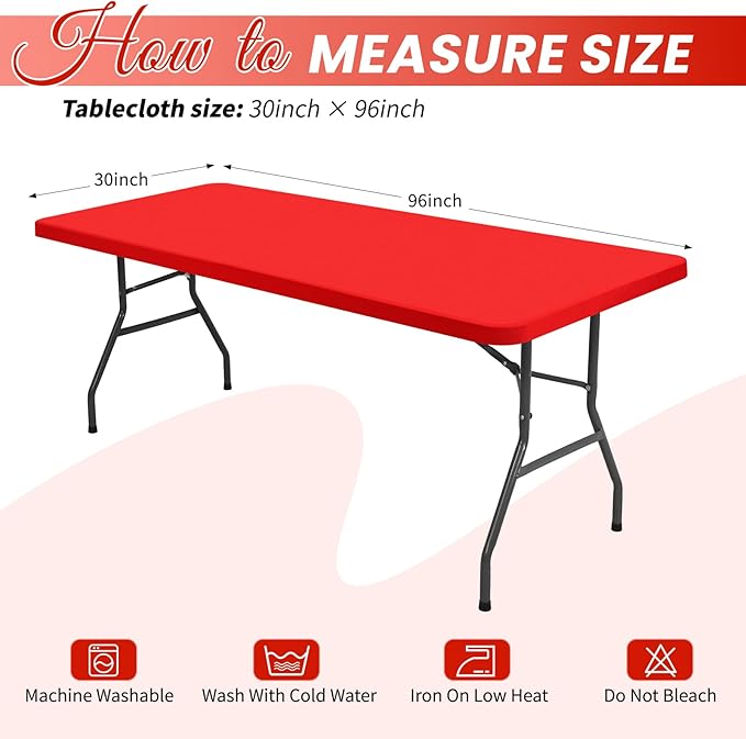 6 Pack Stretch Fabric Table Top Cap Cover, Red Table Covers fits 8Ft Tables, Washable Elastic Universal Rectangle Tablecloth Protector for Indoor Outdoor Party Picnic Wedding (30" W x 96" L)