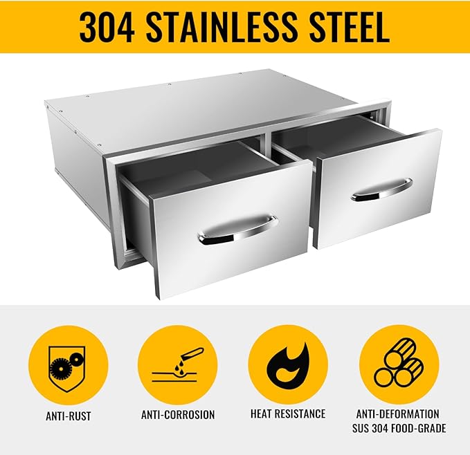 Outdoor Kitchen Drawers, Box Frame Style Flush Mount BBQ Drawer w/Stainless Steel Handle, BBQ Island Drawers For Patio Grill Station,Double Drawers