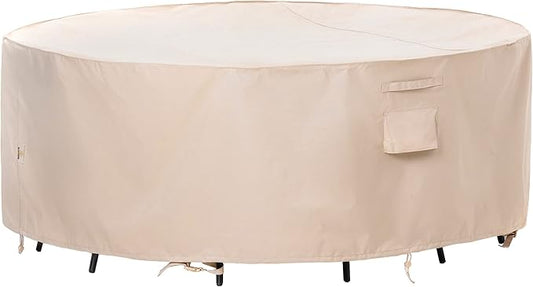 F&J Outdoors Patio Furniture Covers Waterproof UV Resistant Rip-Stop Fabric Large Outdoor Furniture Covers, Beige,110" Dia x 27.5" H