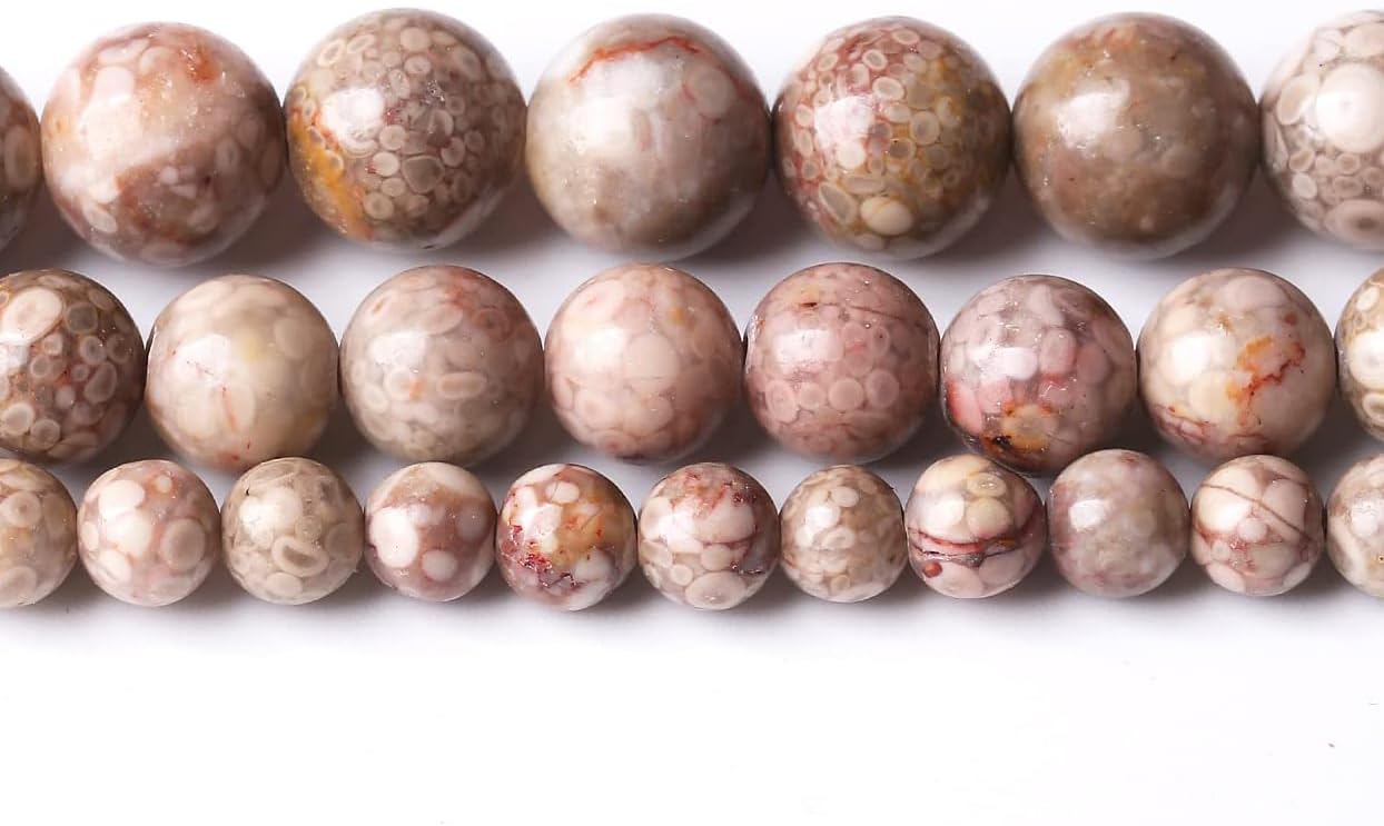 36PCS 10MM Natural Flowery Cowry Fossil Stone Beads Energy Healing Beads for DIY Jewelry Bracelet Necklace Making for Jewelry Making15Inch