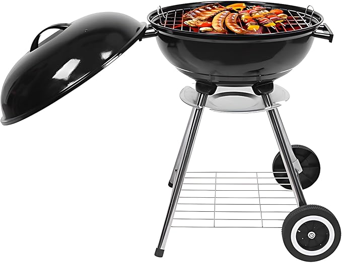 18 Inch Portable Charcoal Grill with Wheels and Lid, Outdoor BBQ Kettle Grill for Camping, Backyard, Tailgating and Picnic, Enamel Coated Charcoal Smoker with One-Touch Cleaning System and Air Vents