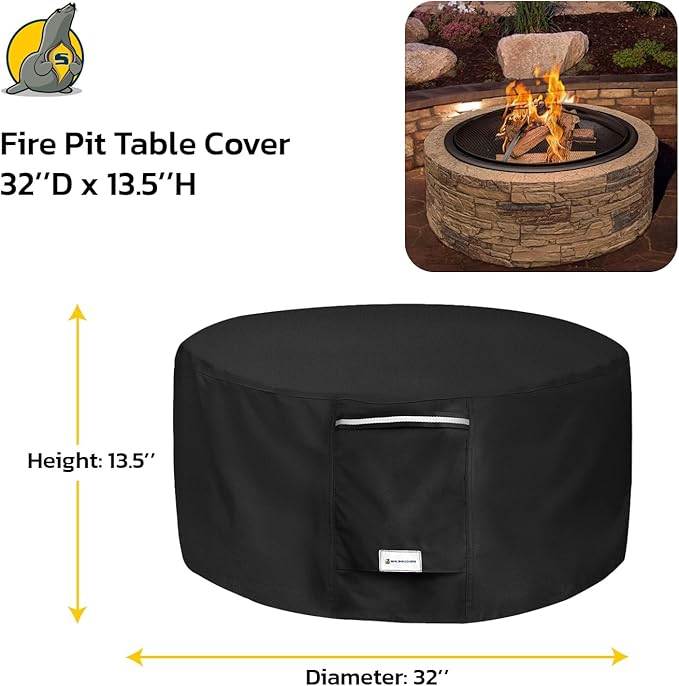 Seal Skin Covers Outdoor Fire Pit Cover – Round 32” Dia X 13.5”H, Heavy Duty Waterproof Fabric with PVC Coating, Windproof, Tear & Weather Resistant Fire Table Cover for Patio, Black