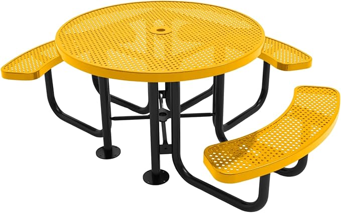 COATEDOUTDOORFURNITURE Heavy-Duty Portable Outdoor Picnic Table with Umbrella Hole, Punched Steel Patio Dining Furniture Made in America (46" Round Top, Yellow)