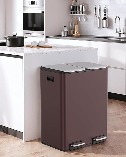 Arlopu 16Gal Dual Trash Can w/2 Built-in Box for Odor Control, Hands-Free Kitchen Garbage Bin, Recycle Waste Dustbin, Soft-Close Lid, 2 Buckets,Foot Pedal, Side Handle, Airtight,for Home (Brown)