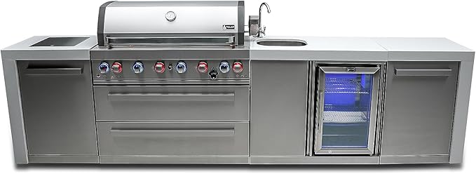 Mont Alpi MAi805-DBEV 6-Burner 115000 BTU 44-inch Deluxe Stainless Steel Island Outdoor Kitchen Gas Grill + Beverage Center Faucet and Sink + Granite Countertops + Storage Drawers and Cabinets