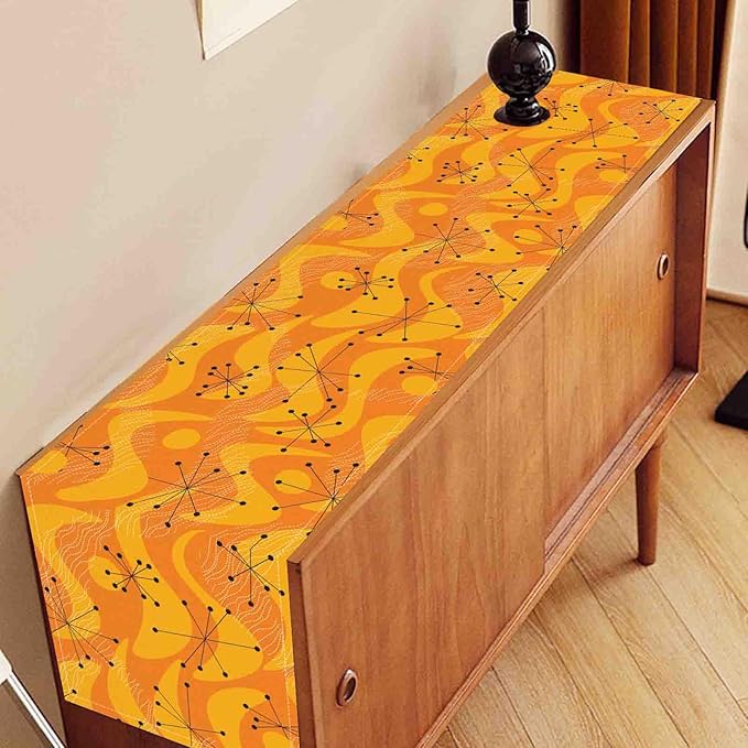70s Table Runner, Retro Orange Wave Mid Century Atomic Print Abstract Hippie Coffee Table Center Decor for Home Kitchen Dining Patio Holiday Party Indoor Outdoor Table Decorations, 13"x72" Inch