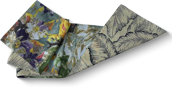 Double-Sided Table Runner - Reversible Oil Painting & Banana Leaf Design, Waterproof Linen Cotton for Dining Table Decor, Holiday Home Decoration（Green）