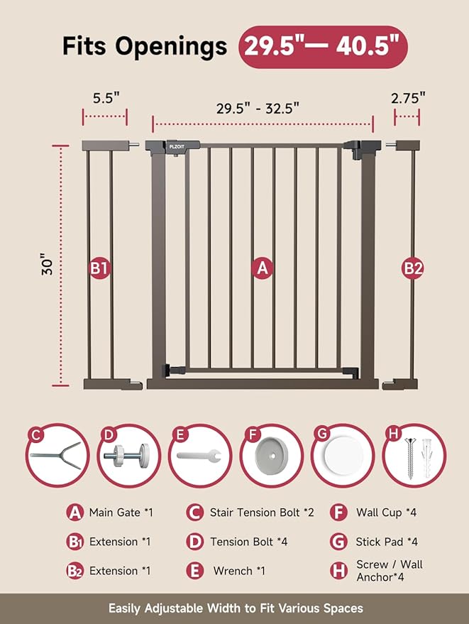 29.5-40.5" Baby Gate for Stairs, Dog Gate for Doorways, Walk Thru Auto Close Metal Baby Safety Gate for The House, Stairs and Doorways, Child Gate Pressure Mounted, Pet Gate for Dog Indoor - Brown