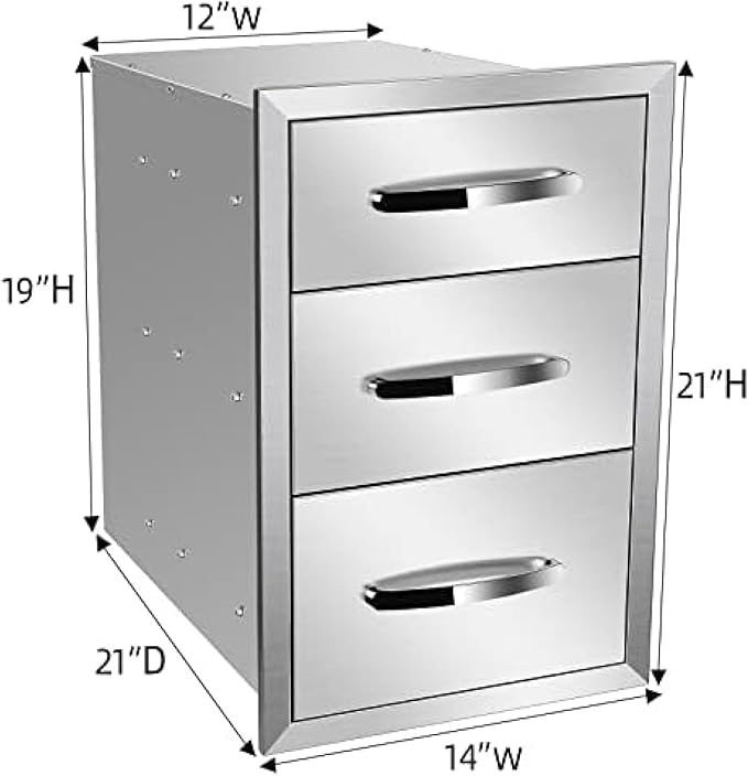 BBQ Outdoor Kitchen Drawers Stainless Steel 3-Drawer BBQ Drawer Enclosed Built-in Drawer Flush Mount for Outdoor Kitchens & BBQ Islands,14Wx21Dx21H