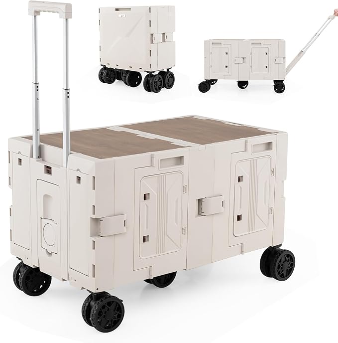 Goplus Large Foldable Utility Cart w/ 2-Tier Storage Crates, 5 Rotate Wheels, Metal Telescoping Handle, Portable Rolling Trolley Collapsible Cart for Grocery Shopping Camping & Travel