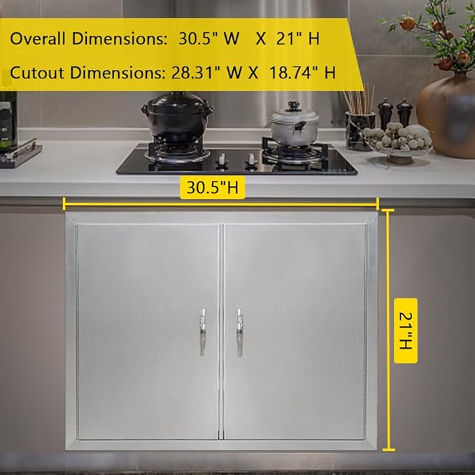 30.5"x21" Brushed Stainless Steel BBQ Access Door, Double Door with Magnetic Catch for Outdoor Kitchen & Grill Island Cabinet