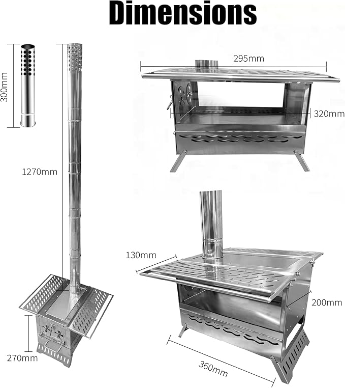 Hot Tent Stove, One-piece Molded Wood Burning Stove with Extra Baking Tray, Outdoor Stainless Steel Stove with 6 Chimney Pipes for Outdoor Heating, Cooking, Fishing(Non-Foldable, More Stable)