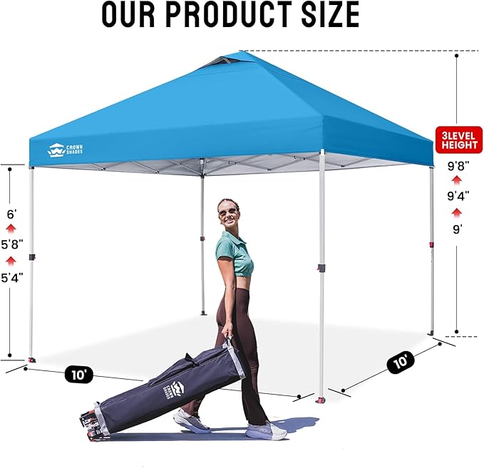 Crown Shades 10x10 Pop Up Canopy - Beach Tent with One Push Setup - Outdoor Sun Shade for Events, Parties, Camping - Gazebo with STO-N-Go Cover Bag, Silver Coated Top, 3 Height& 4 Sand Bags, Sky Blue