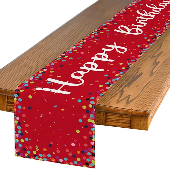 Artoid Mode Polka Dot Red Happy Birthday Table Runner, Seasonal Christmas Winter Kitchen Dining Table Decoration for Home Party Decor 13x72 Inch