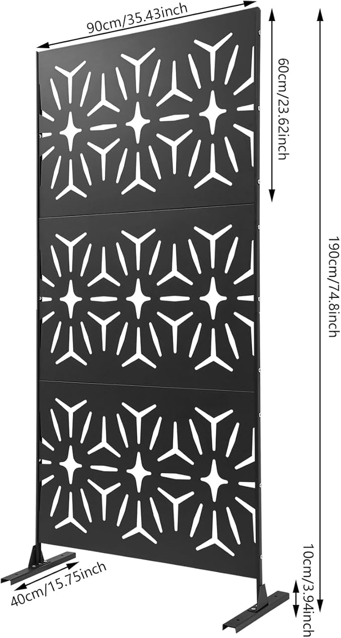 75" H×35" W Decorative Outdoor Privacy Screen with Stand, Outdoor Decor Privacy Fence Screen Metal Fence Panels, Free Standing Metal Divider for Patio Lawn Deck (Black-Small Rhombus)