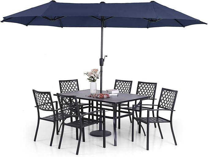 Sophia & William Patio Dining Set with 13ft Double-Sided Patio Umbrella, 8 Piece Metal Outdoor Table Furniture Set with 6 Outdoor Stackable Chairs, 1 Rectangle Dining Table and 1 Large Navy Umbrella
