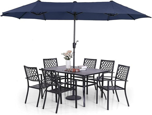 Sophia & William Patio Dining Set with 13ft Double-Sided Patio Umbrella, 8 Piece Metal Outdoor Table Furniture Set with 6 Outdoor Stackable Chairs, 1 Rectangle Dining Table and 1 Large Navy Umbrella