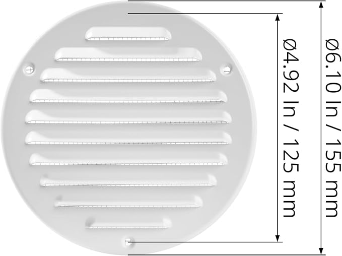 White Metal 5'' Inch Round Ventilation Grille - Inside/Outside use - (Grille: 5''Ø/Cover Area: 6.25''Ø) - Air Vent Louver - Available 4 Sizes / 2 Types / 1 Color.