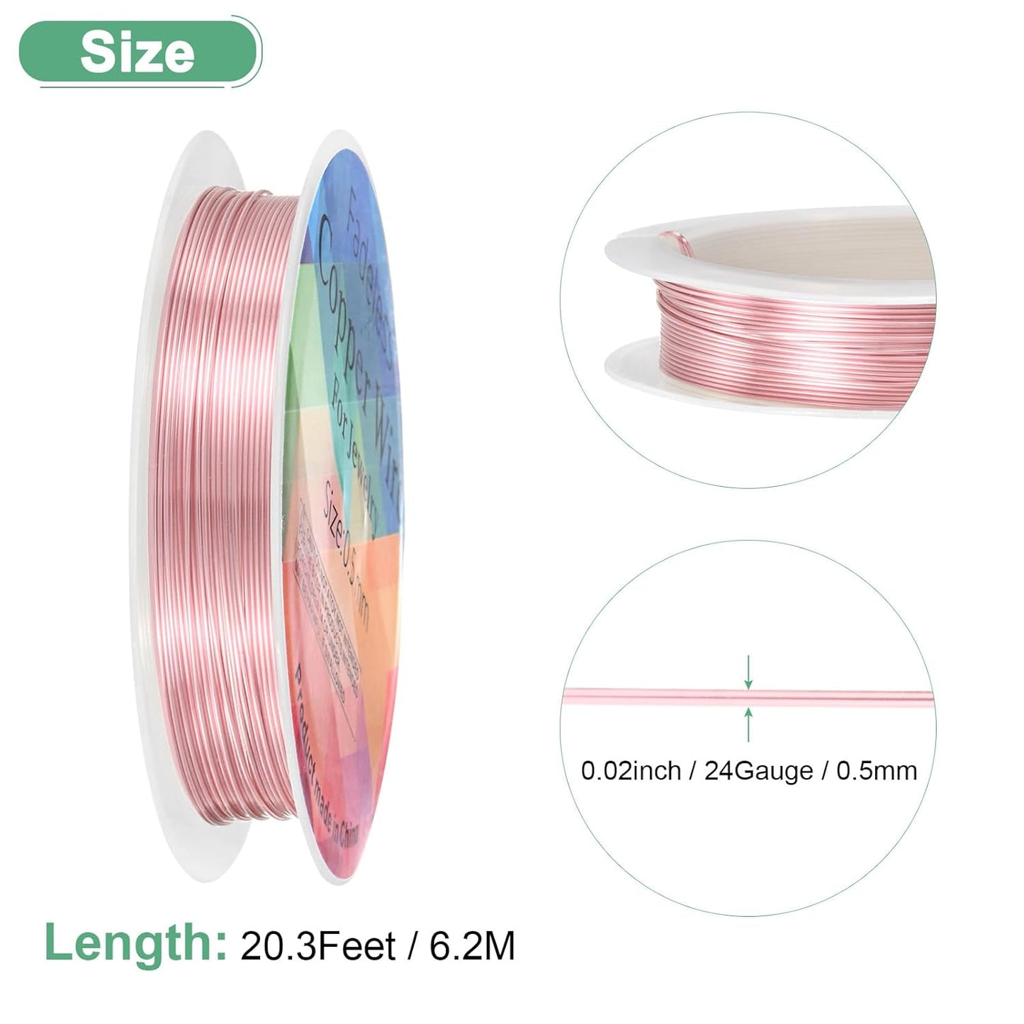 0.5 mm/24 Gauge Copper Wire for Jewelry Making, 20.3FT Copper Beading Craft Wire for Jewelry/Weaving/DIY Crafting/Planting, Color-Retaining [6.2M, Rose Gold]