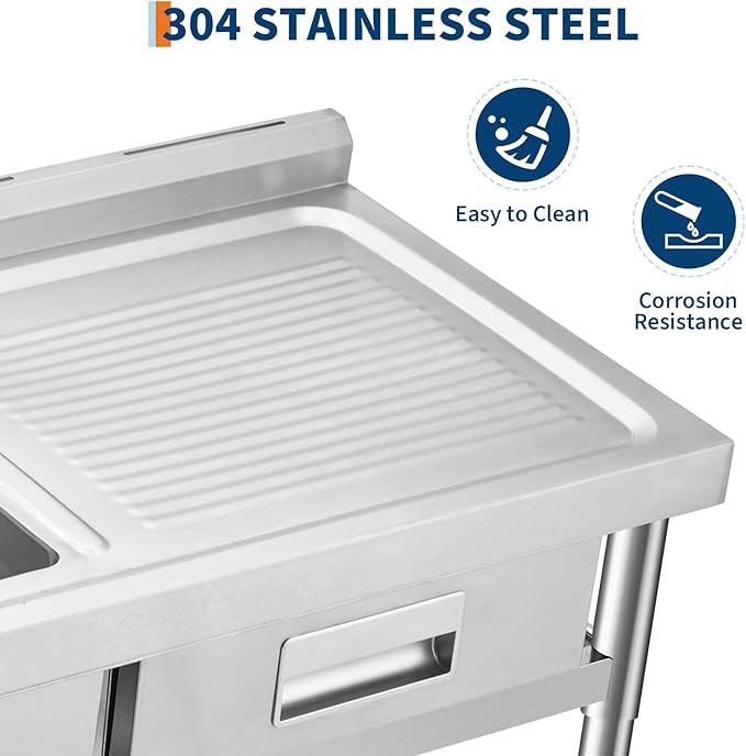 Freestanding Stainless Steel Utility Sink with Workbench, Right Drawer, Commercial Kitchen Sink with Faucet, Hot & Cold Water, Storage Shelf, S-Hook, Knife Holder, Adjustable Leg for Indoor Outdoor