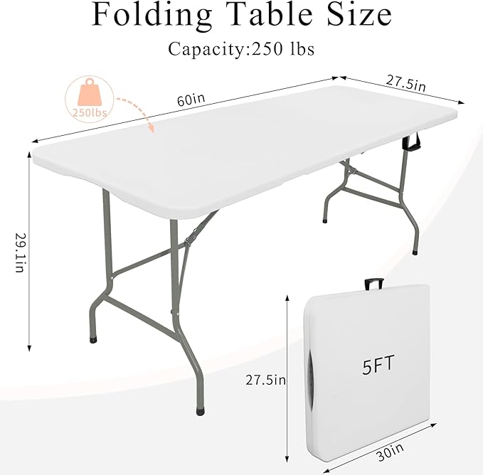 Folding Tables with Carrying Handle Lightweight Rectangular Portable Plastic Camping Table Steel Legs for Party, Dining, Wedding, Events, Picnic Indoor, Outdoor (5FT, White)