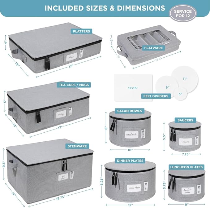 China Storage Hard Shell Containers 8-Piece Set Moving Boxes for Dinnerware, Glasses, Plates, Mugs and Saucers Sturdy Dish Organizer with Dividers for Seasonal Storage - Service for 12 - Gray