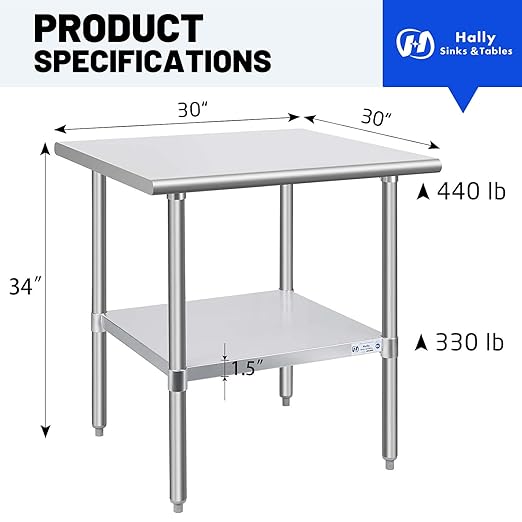 Hally Stainless Steel Table for Prep & Work 30 x 30 Inches, NSF Commercial Heavy Duty Table with Undershelf and Galvanized Legs for Restaurant, Home and Hotel