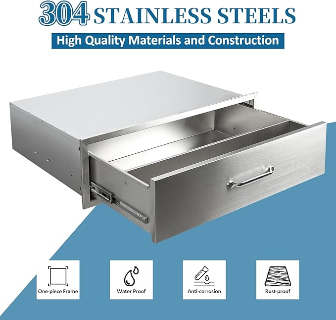 Outdoor Kitchen Drawers 30"Wx10"Hx23"D Flush Mount Access Single Drawer BBQ Stainless Steel Drawers with Handle for Outdoor Kitchen Island or Grill Station