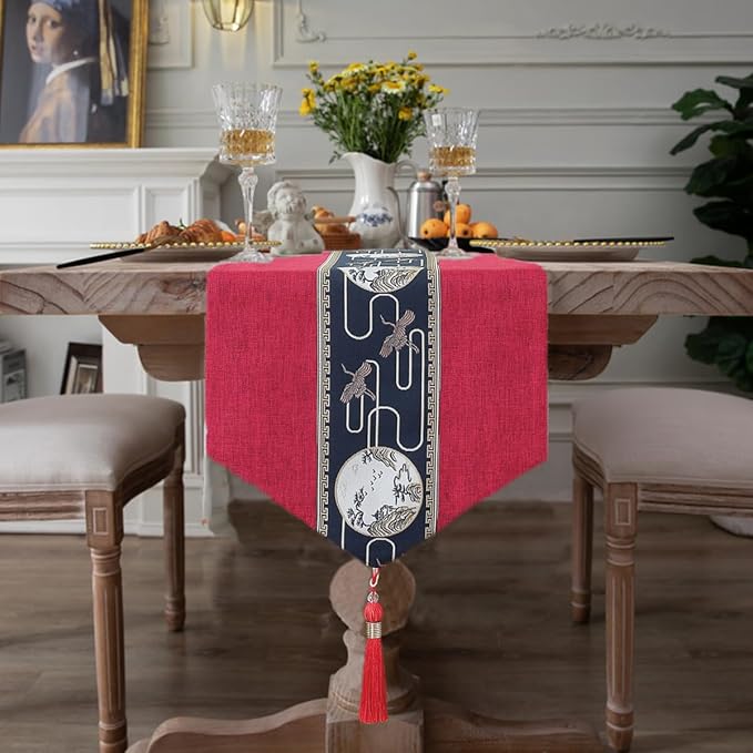Embroidered Tassel Table Runner Chinese Style Landscape Painting Waterproof Cotton Linen Holiday Kitchen Dining Table Decoration for Home Party Decor 13x72 Inch (Rad)