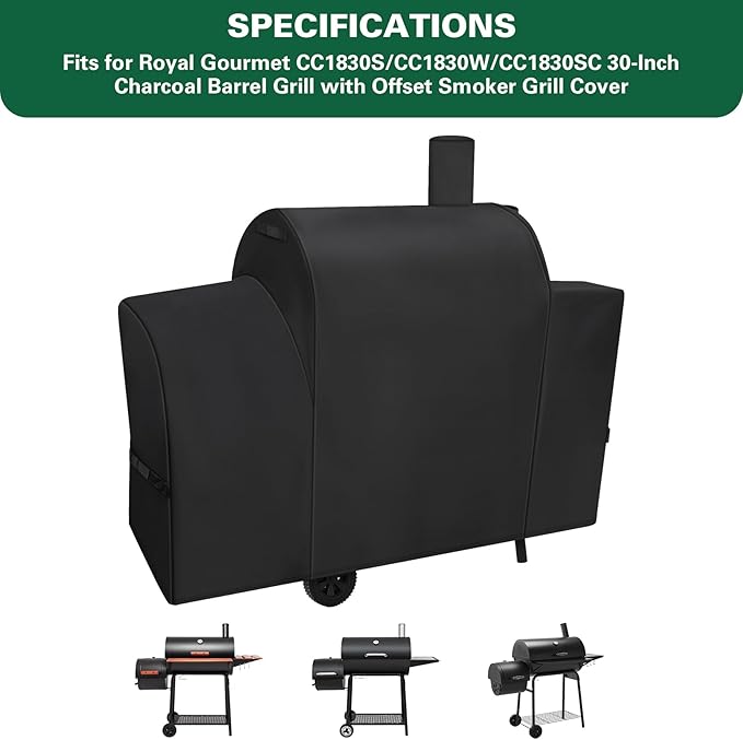 Heavy Duty 600D Grill Cover Fits for Royal Gourmet CC1830S/CC1830W/CC1830SC 30-Inch Charcoal Barrel Grill with Offset Smoker Grill Cover