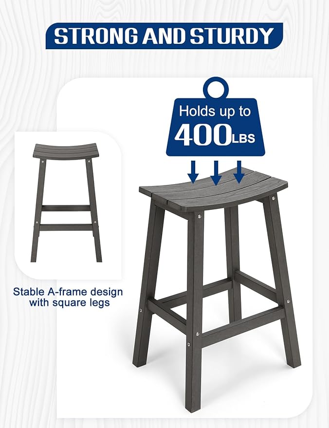 Weatherproof Bar Stools Set of 4, 28" Height Outdoor Bar Stools Holds up to 400 lbs, Saddle Seat, Bar Height Stools for Patio, Garden, and Kitchen Island, Gray