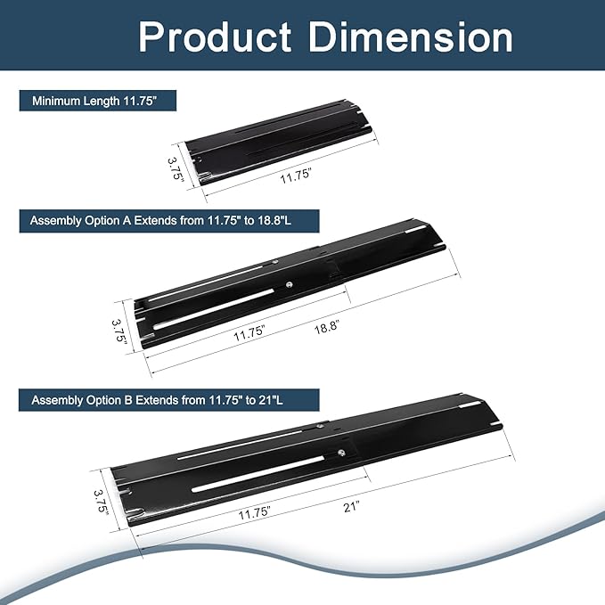 Universal replacement heavy duty adjustable heat plate shield,Burner cover,Flavorizer bar,heat Tent,Flamer tamer for gas grill models,Extends from 11.75"up to 21"L (Porcelain Steel, 4 Pack)