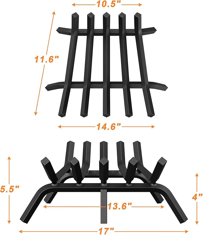 Fireplace Grate 17 Inch, Solid Steel Heavy Duty Fireplace Log Holder with 6 Support Legs, Fireplace Log Grate for Indoor Fireplace & Outdoor In-ground Firepit