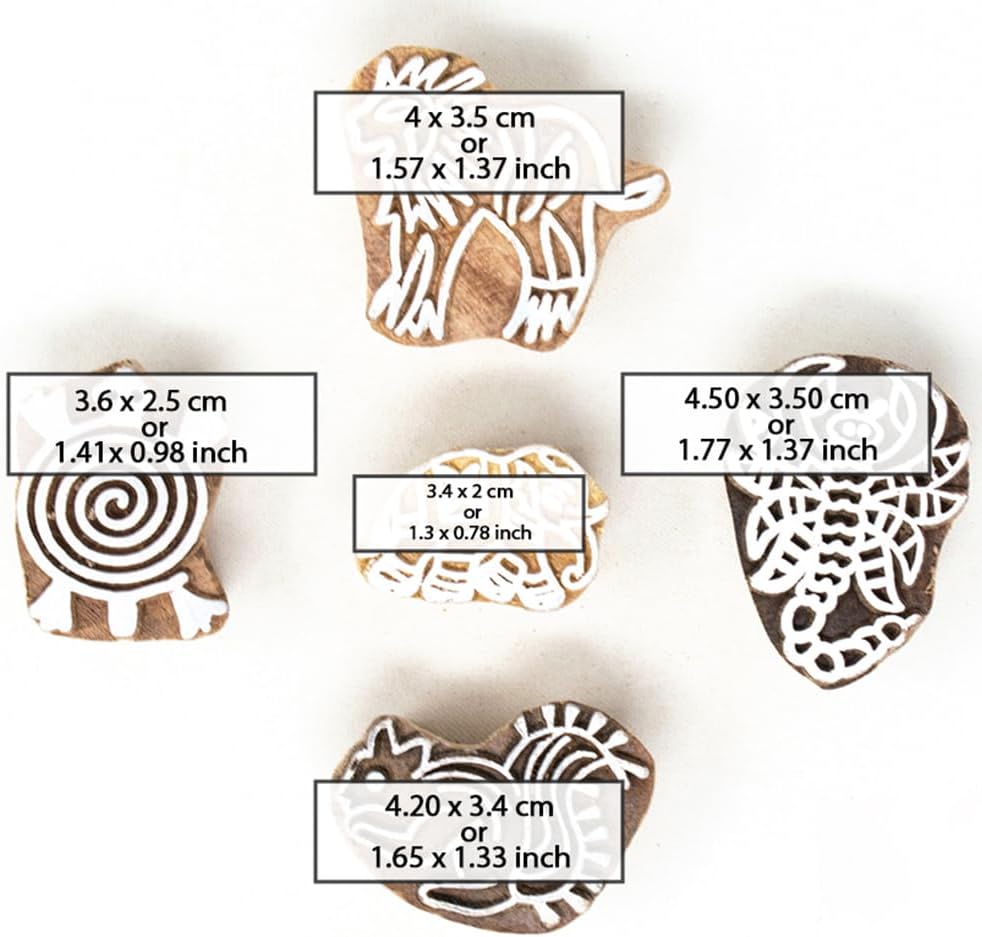 Handcarved Wooden Stamps for Block Printing - Stamps for Mehndi, Saree Border, Scrapbooking, Fabric Textile Paper, Kids, Art Work | Set of 5 | Hashcart®