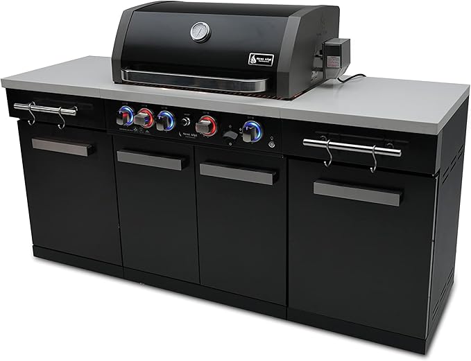 Mont Alpi MA-957 5-Burner 63000 BTU Black Stainless Steel Outdoor Kitchen Bar Gas Island Grill with Infrared Rear Burner + Rotisserie Kit + Granite Countertop + Storage Cabinets & Full Weather Cover