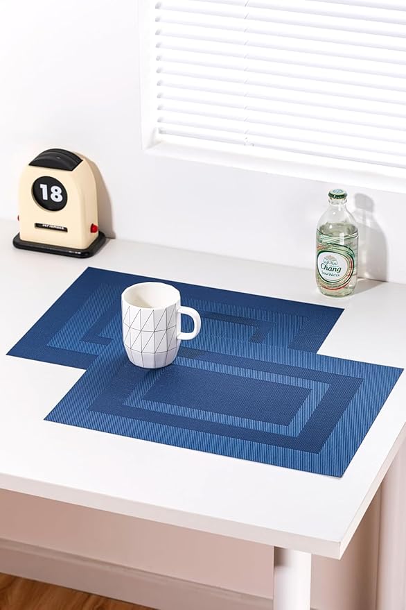 LEXMORE PlaceMats Set of 12 Vinyl/Plastic Woven Place Mats for Kitchen Table Indoor/Outdoor Washable PlaceMat Wipeable Dining Table Mats(Navy Cube)