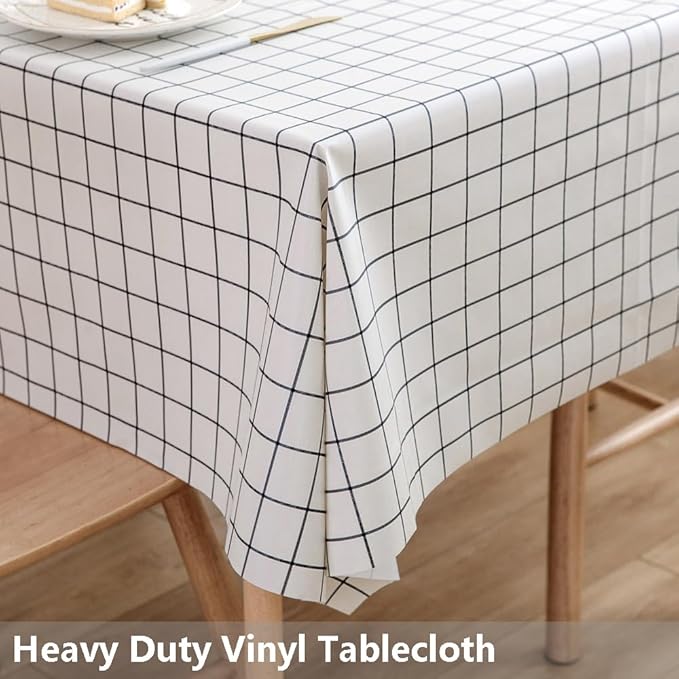 TruDelve Heavy Duty Vinyl Table Cloth Plastic Tablecloths for Kitchen Dining Tables Wipeable PVC Waterproof Tablecloth for Rectangle Table (54'' x 78', White Plaid)