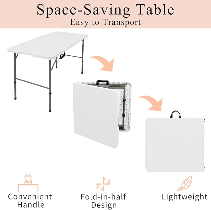Folding Tables with Carrying Handle Lightweight Rectangular Portable Plastic Camping Table Steel Legs for Party, Dining, Wedding, Events, Picnic Indoor, Outdoor (1, White, 4 FT)