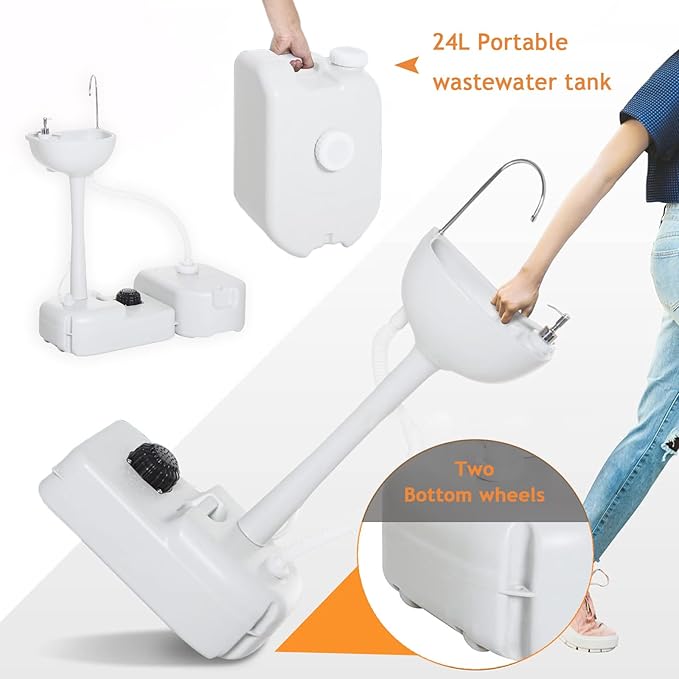 Portable Hand Washing Station, Camping Sink Wash Hand Basin with Wheels, Towel Holder & Soap Dispenser, for Outdoor Events, Gatherings, Garden, Worksite,Washbasin+24Lwatertank