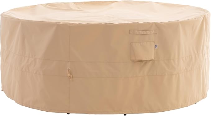 WJ-X3 Round Patio Furniture Cover, 72" D x 31" H, Waterproof, UV Resistant, Anti-Fading Outdoor Cover for Round Dining Table and Chairs Set, Beige