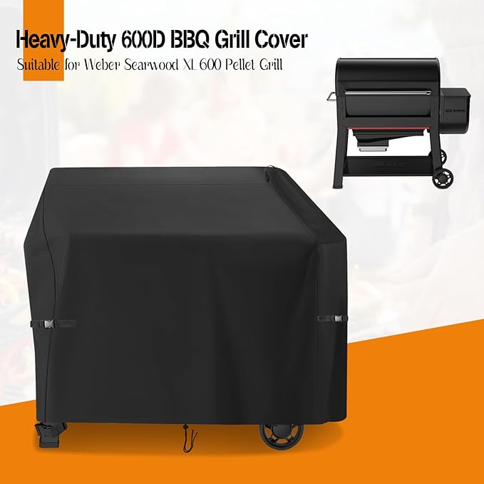 Grill Cover for Weber Searwood 600 XL Pellet Grill, Heavy-Duty 600D Griddle Cover Waterproof BBQ Grill Cover - 51" L×24" W×43" H, Black