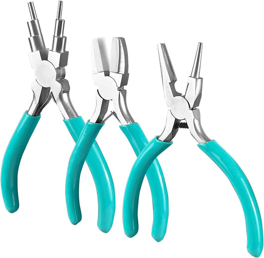 3-Piece jewelry pliers set includes a 6-in-1 bail making looping pliers, nylon jaw pliers, and Wire Looping and Bending plier tools for crafting, beading, and repairing