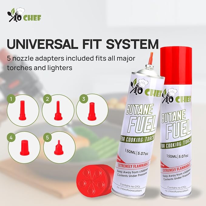 Jo Chef Butane Refill, Butane Torch Fuel Refill, Gas Lighter Fluid Refill Canister, Kitchen Blow Torch Fluid – Universal Tip – (1 Can 5.07oz)
