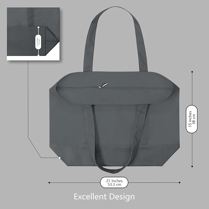 TOPDesign 1-Pack Canvas Tote Bag with an External Pocket, Reusable Grocery Shopping Bag, Top Zipper Closure, Daily Essentials (Grey)