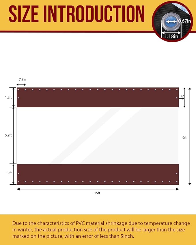 FoundGo 9'Hx15'W Vinyl Curtains for Patio,19oz Outdoor Clear Vinyl Patio Enclosure,Heavy Duty Clear Tarps Waterproof Vinyl Tarp with Grommets for Pergola, Porch,Gazebos,Balcony,-4℉ Cold Resistant