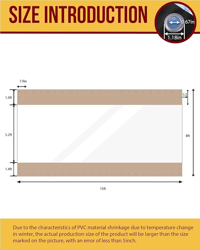 FoundGo 8'Hx15'W Outdoor Vinyl Curtains for Patio,19oz Clear Vinyl Patio Enclosure,Heavy Duty Clear Tarps Waterproof Vinyl Tarp with Grommets for Pergola, Porch,Gazebos,Balcony,-4℉ Cold Resistant